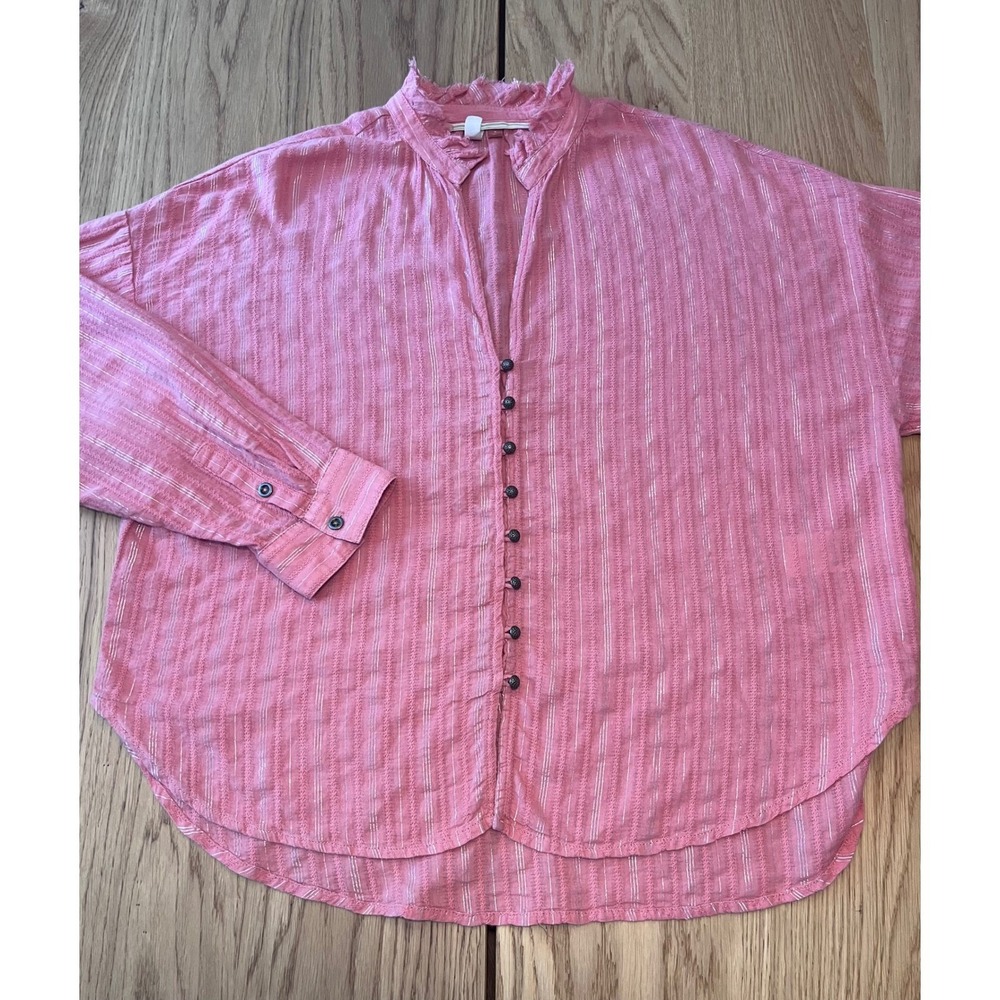 Pilcro Tavi Button Down Blouse Pink Gold Metallic Stripe Boho Top Size M